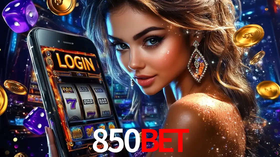 Mulher glamorosa segurando um smartphone com a tela de login para os jogos de caça-níqueis do cassino online 850BET, com moedas de ouro e dados ao redor.