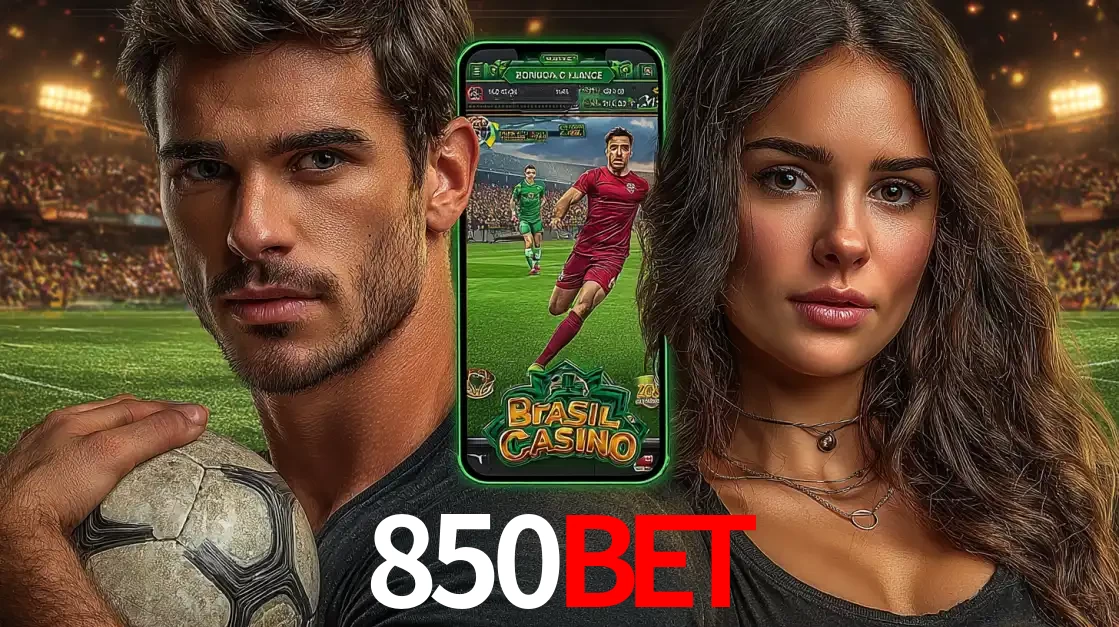 Homem segurando uma bola de futebol e uma mulher ao lado de um smartphone exibindo o jogo de apostas esportivas da 850BET. Faça seu palpite no cassino online.
